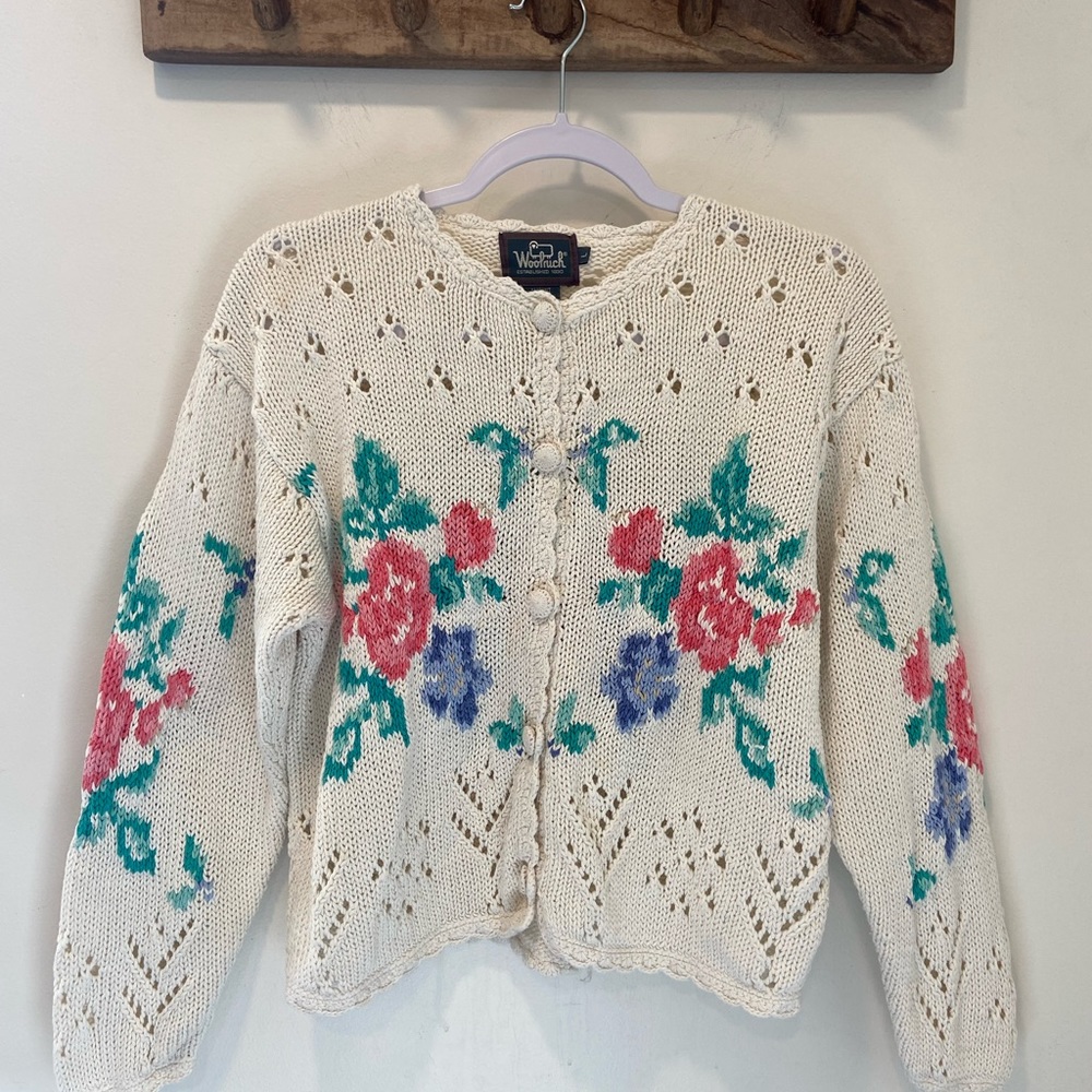 VTG WOOLRICH Floral Cardigan Womens Size L Hand Knit Detailed Button  *read